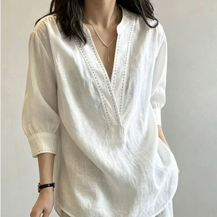 夏装新款BOLATU柏拉图气质娃娃领甜美设计小众白色棉麻料舒适衬衫