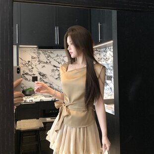 实拍 翡翡玉润贵气感千金荡领绑带上衣/花边百褶裙裤两件套女