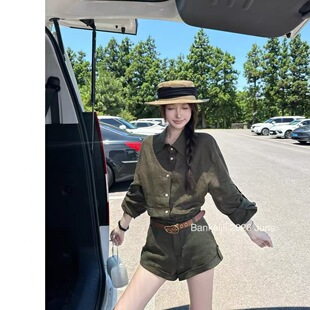 板栗可可Bankelili'南洋老钱'100亚麻慵懒衬衫/卷边短裤套组女夏