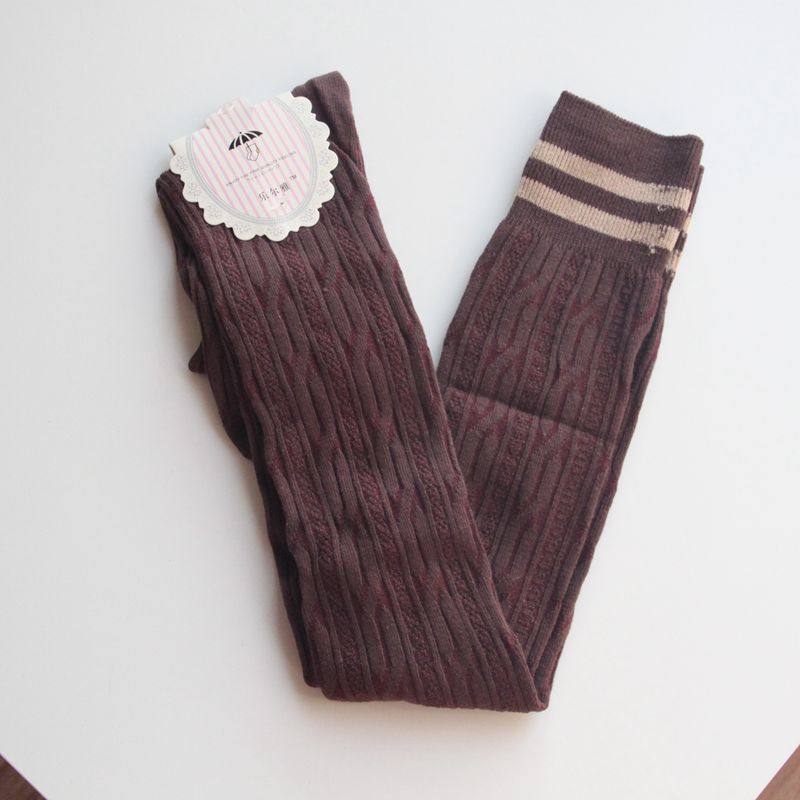 过膝 棕红色女士 长筒高筒过膝 麻花织花 棉质双杠袜子