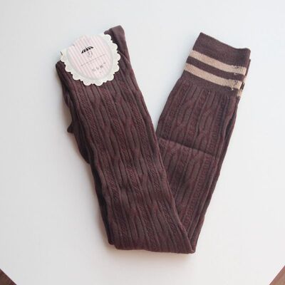 过膝 棕红色女士 长筒高筒过膝 麻花织花 棉质双杠袜子