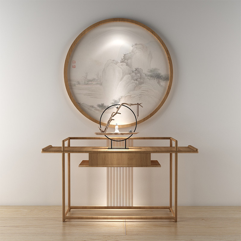 中式实木条案木框挂画画组合玄关桌供桌实木桌子圆形实木边框装饰