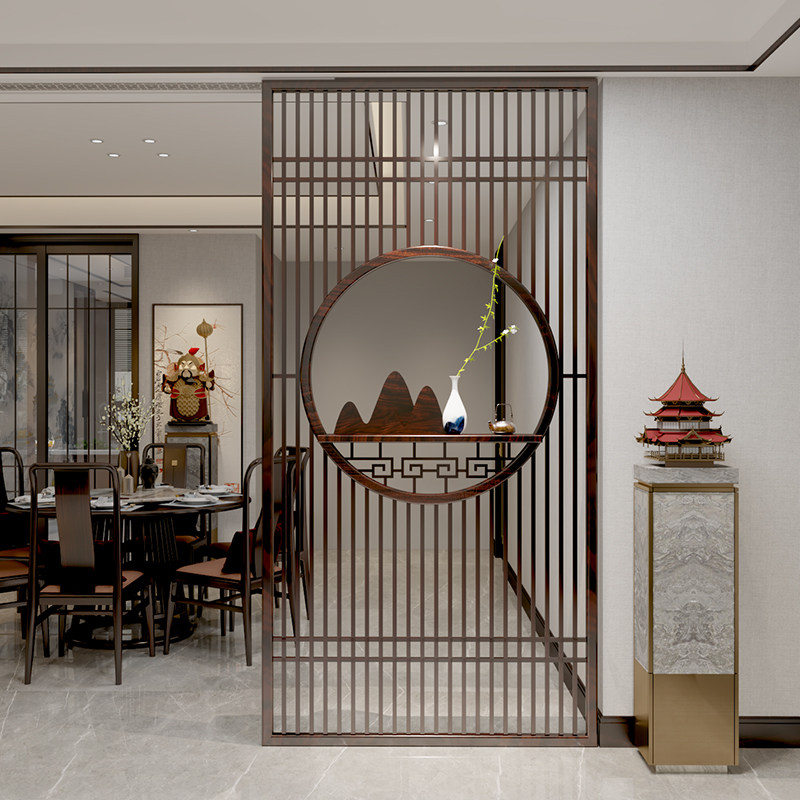 新中式实木圆形栅栏花架屏风隔断通顶客厅茶室餐厅分隔遮挡背景墙