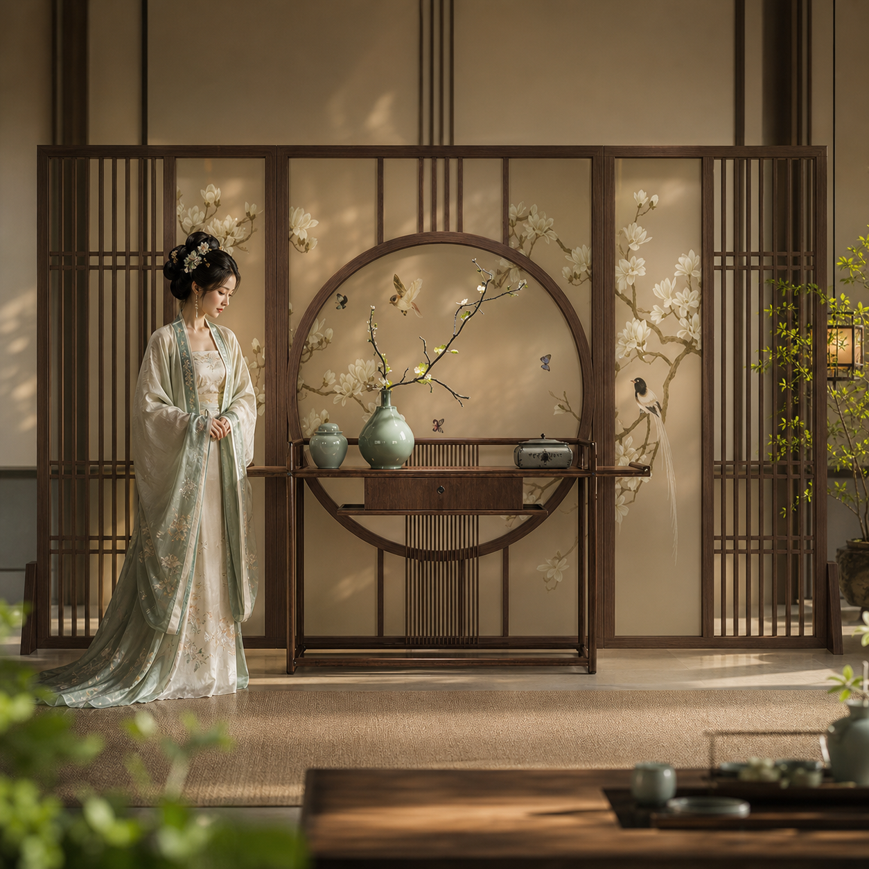 新中式宋式美学实木屏风隔断客厅餐厅仿古格栅镂空纱屏茶室会议室