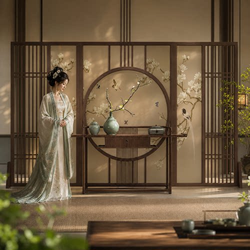 新中式宋式美学实木屏风隔断客厅餐厅仿古格栅镂空纱屏茶室会议室