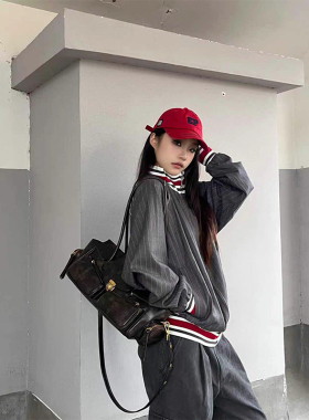 火原素美式条纹运动风立领撞色夹克男女宽松2026新款刺绣廓形外套