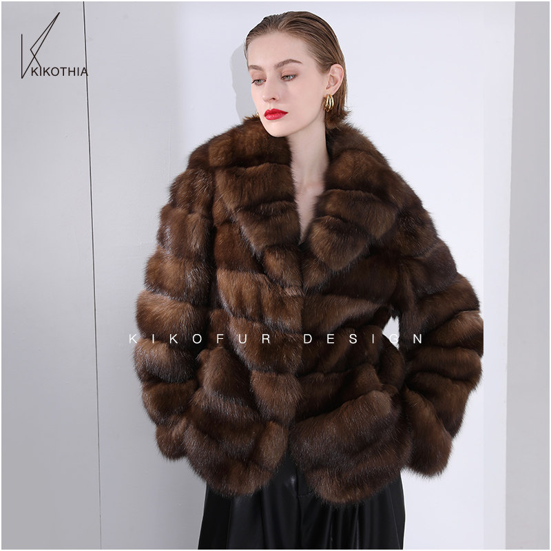 咔咔皮草 浪漫青果领圆角设计 琥珀色小满天星俄罗斯紫貂短款皮草