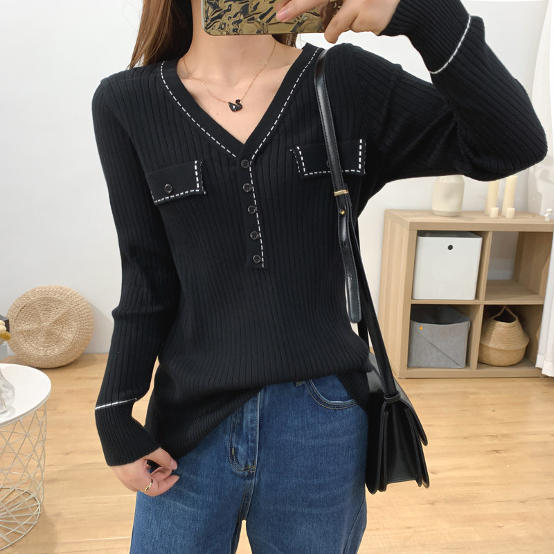 大码女装秋冬季新款线条撞色打底针织衫胖妹妹假口袋v领套头毛衣