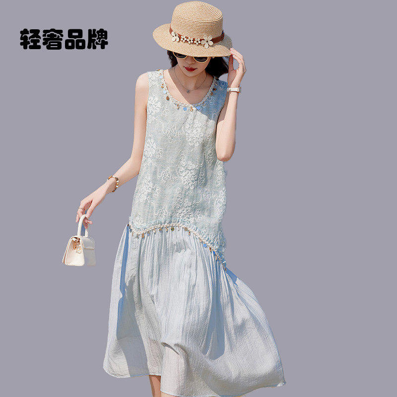朗姿约定高端亚麻棉麻无袖背心连衣裙女夏新款高级感显瘦雪纺长裙