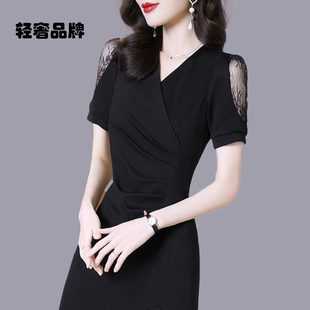 朗姿约定不规则开叉连衣裙女夏2026新款v领中长款气质小黑裙夏裙