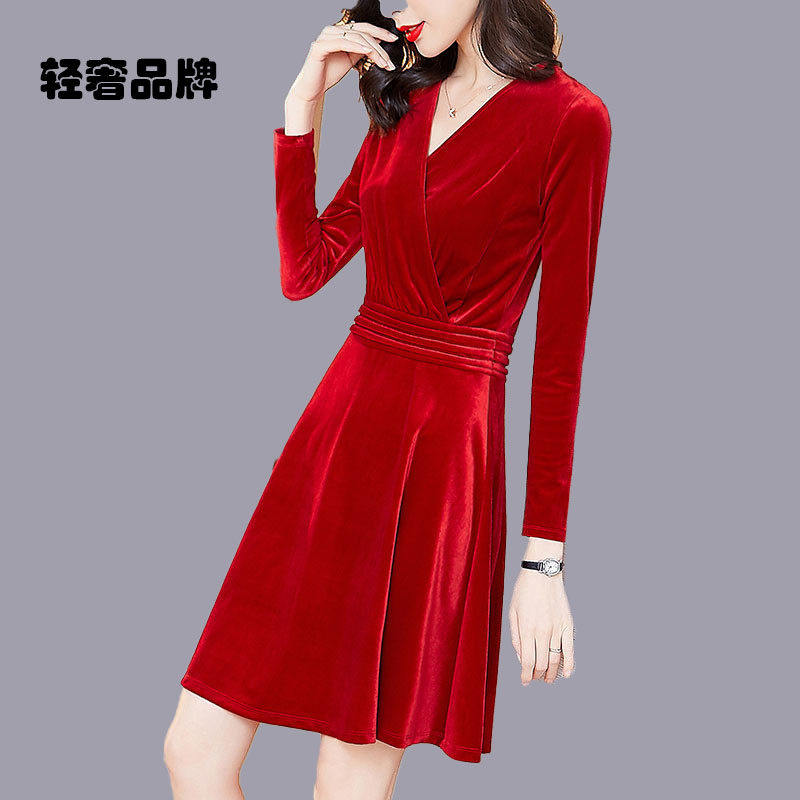 朗姿约定红色连衣裙2025年秋季新款秋女人味礼服裙女修身丝绒裙子