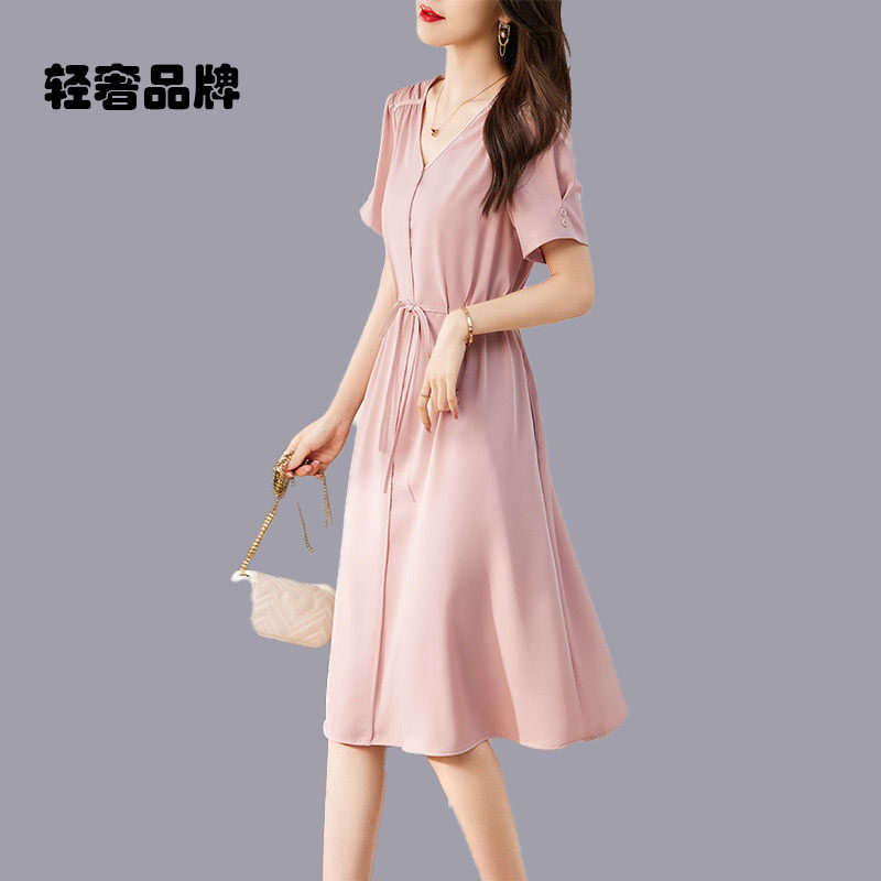 朗姿约定雪纺连衣裙女夏2026新款夏天女装高级感V领夏季短袖裙子
