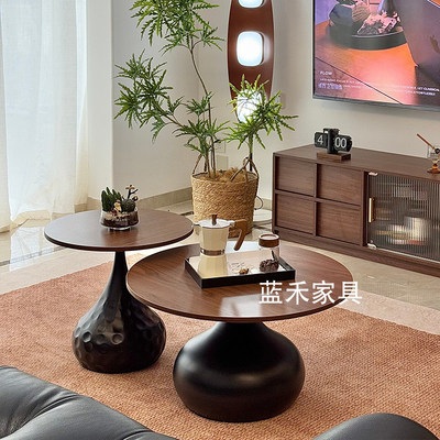 复古圆形胡桃茶几小户型家用客厅中古原木民宿风边几铁艺茶几组合