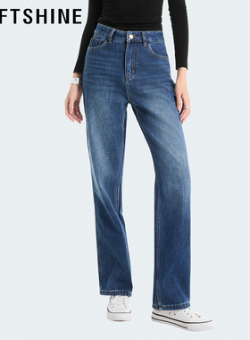 LOFTSHINE珞炫加绒直筒牛仔裤女窄版阔腿裤宽松遮肉显瘦保暖长裤
