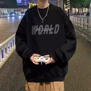 美式港风卫衣男春秋季2024新款圆领长袖打底衫套头宽松无帽外套潮