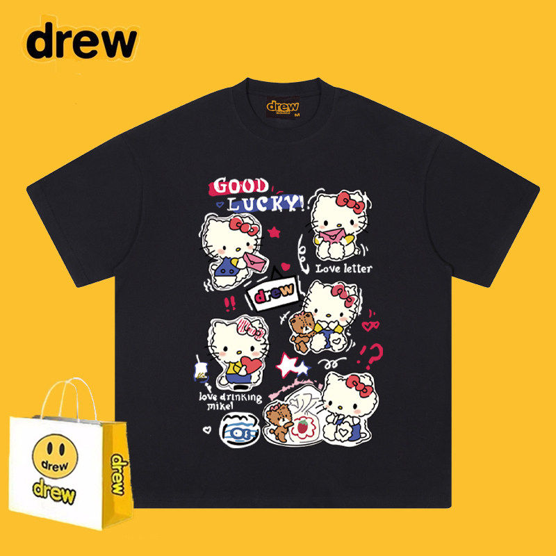 Drew美式潮牌KT猫卡通涂鸦印花短袖T恤男女街头宽松情侣上衣ins夏