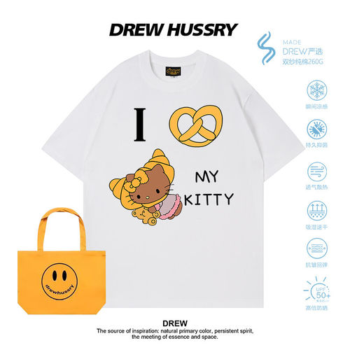 DREW美式卡通HelloKitty印花短袖T恤女宽松圆领纯棉上衣夏季半袖