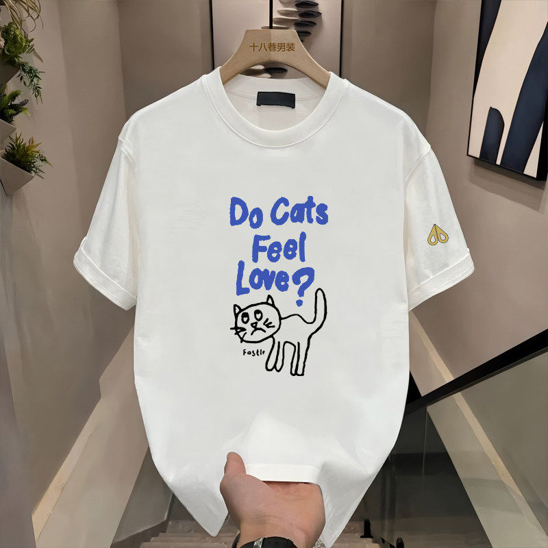 剪刀四季新款美式卡通猫咪印花短袖T恤男女同款宽松上衣圆领百搭