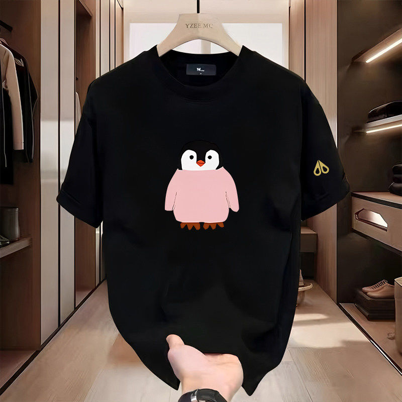 剪刀四季韩版新款卡通企鹅印花短袖T恤男女同款圆领宽松百搭上衣
