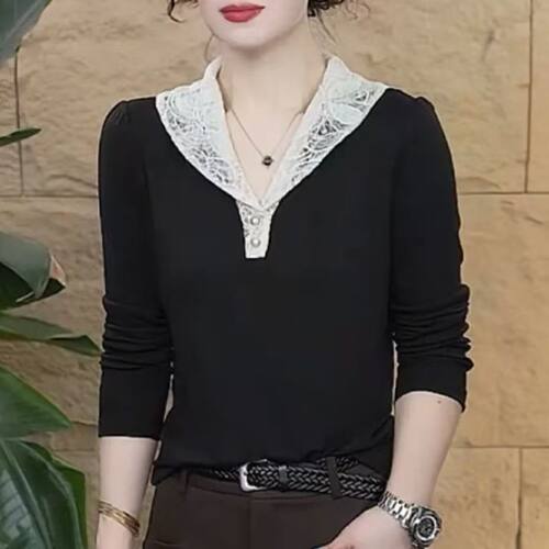 2026轻奢外穿蕾丝花边领长袖T恤女春秋新款洋气百搭遮肚显瘦上衣