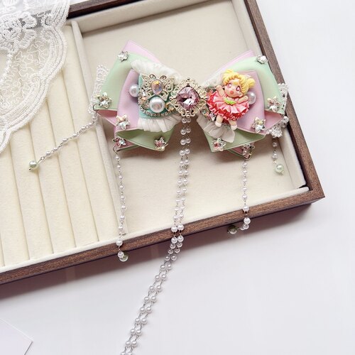 手工制作重工进口日料流苏满钻公主风可爱美少女蝴蝶结弹簧夹发饰