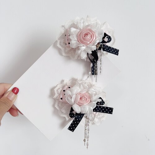 原创手作洛丽塔玫瑰花流苏发夹蕾丝蝴蝶结发饰少女心甜美发卡