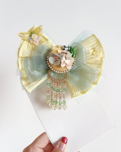 新款儿童可爱熊猫重工水晶流苏蝴蝶结弹簧夹气质百搭发饰