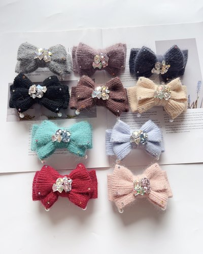 韩系新款小三层针织毛线款蝴蝶结发夹气质甜美可爱发饰小弹簧夹