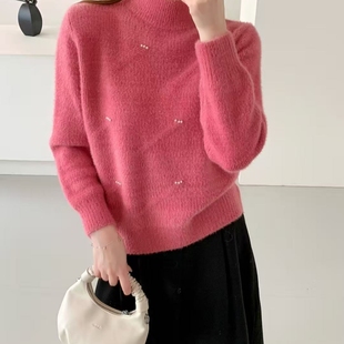 半高领水貂绒毛衣女秋冬2025新款温柔甜美宽松内搭针织衫短款上衣