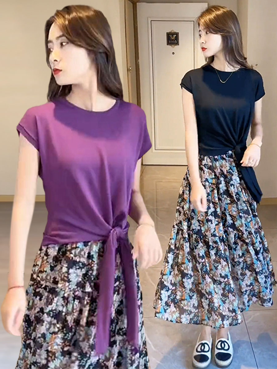 短袖T恤高腰碎花半身裙套装女