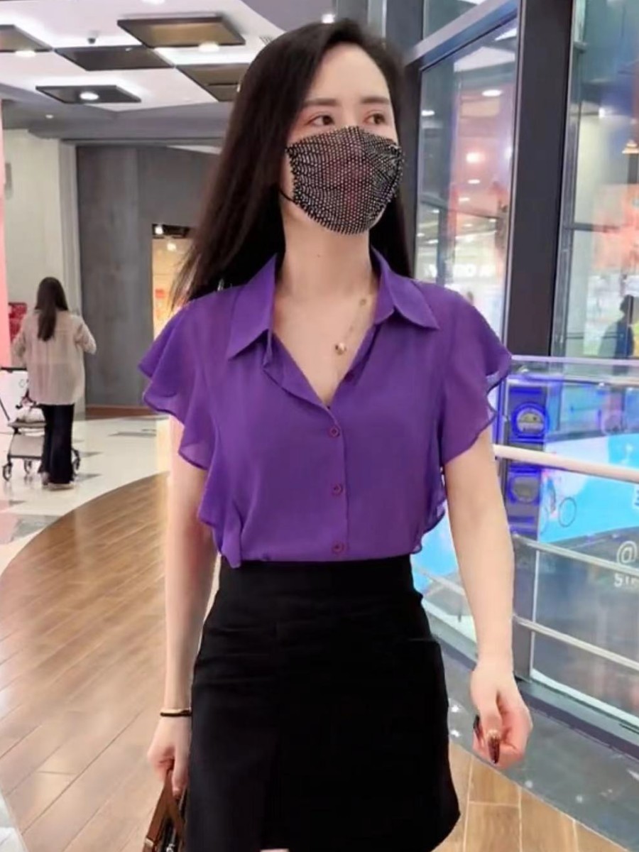 高级感透视短袖雪纺衬衫女2025夏