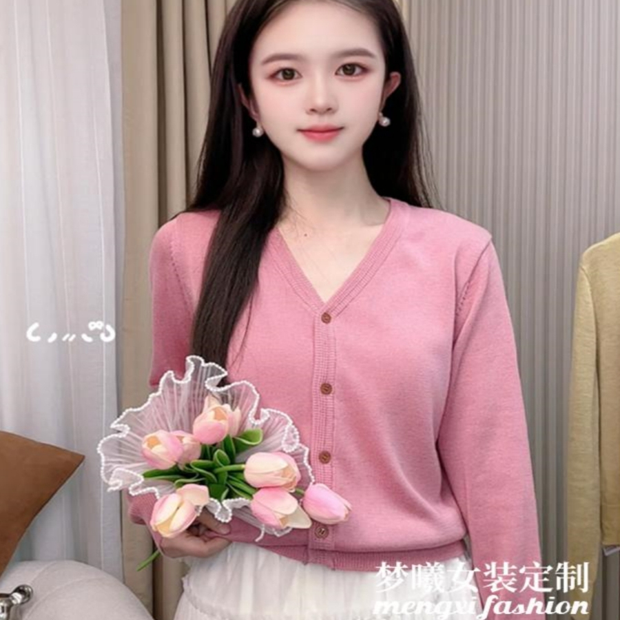 V领针织开衫外套女春季2025新款法式显瘦长袖薄款高级感毛衣外套