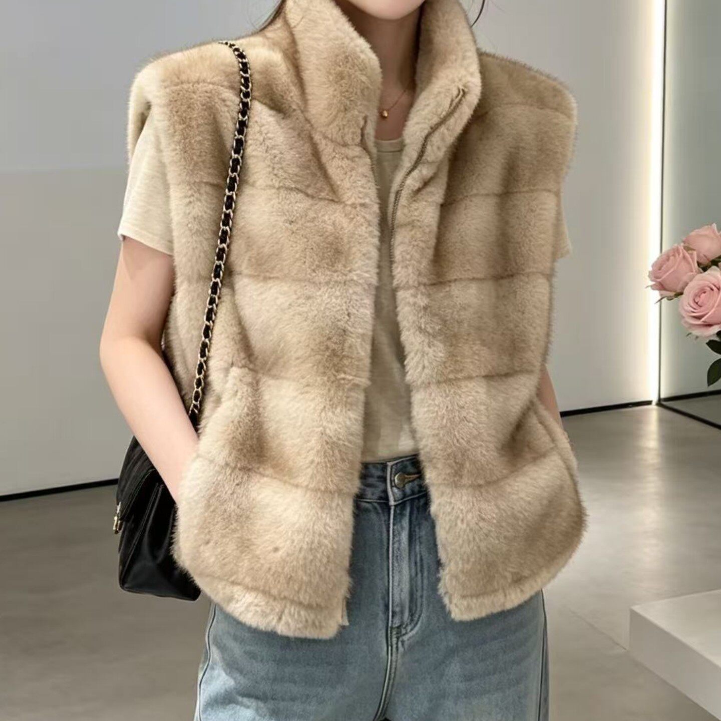 高级感仿水貂毛皮草马甲外套女秋冬宽松无袖显瘦坎肩背心立领上衣