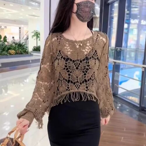 镂空短款针织衫上衣女