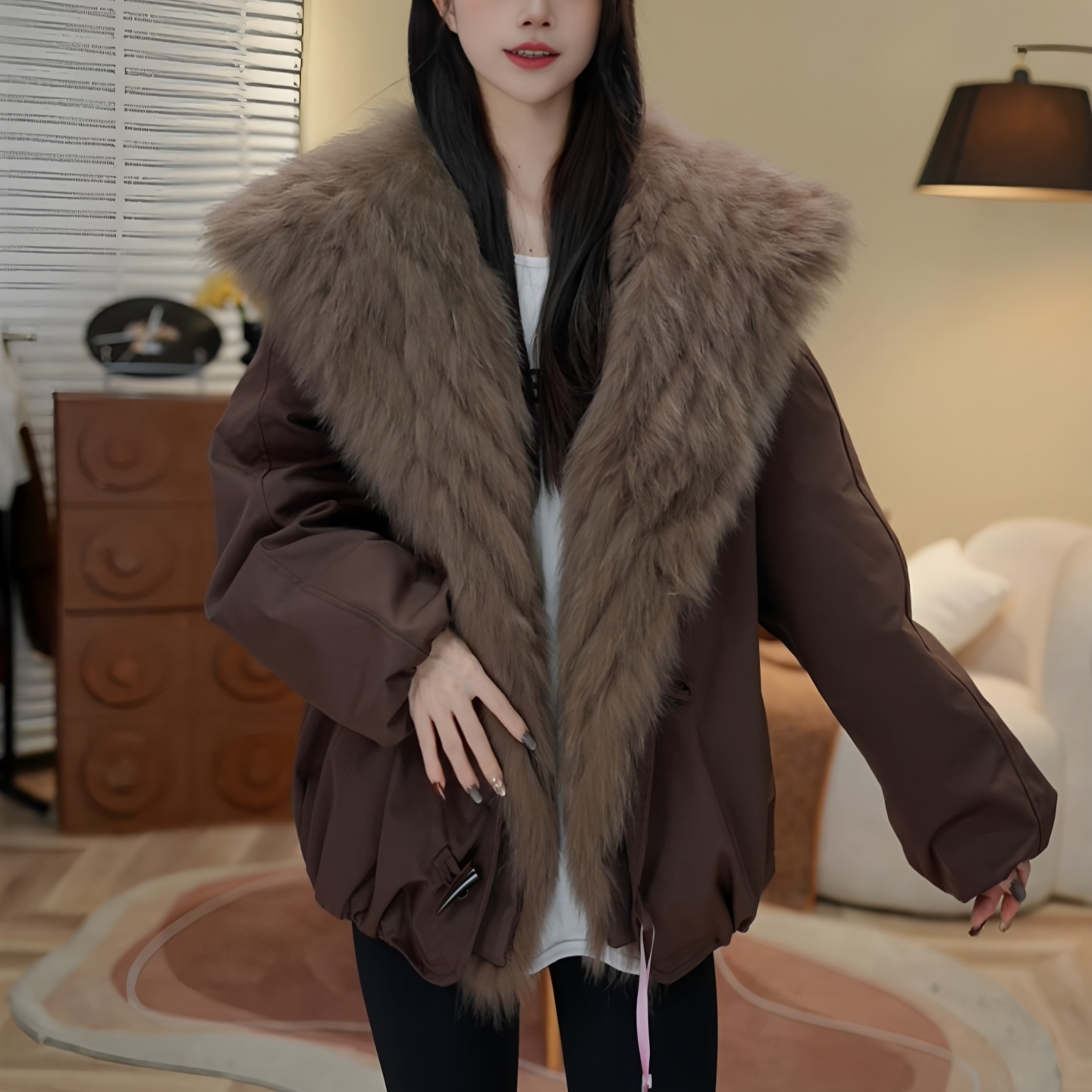 高端仿皮草大毛领派克服外套女