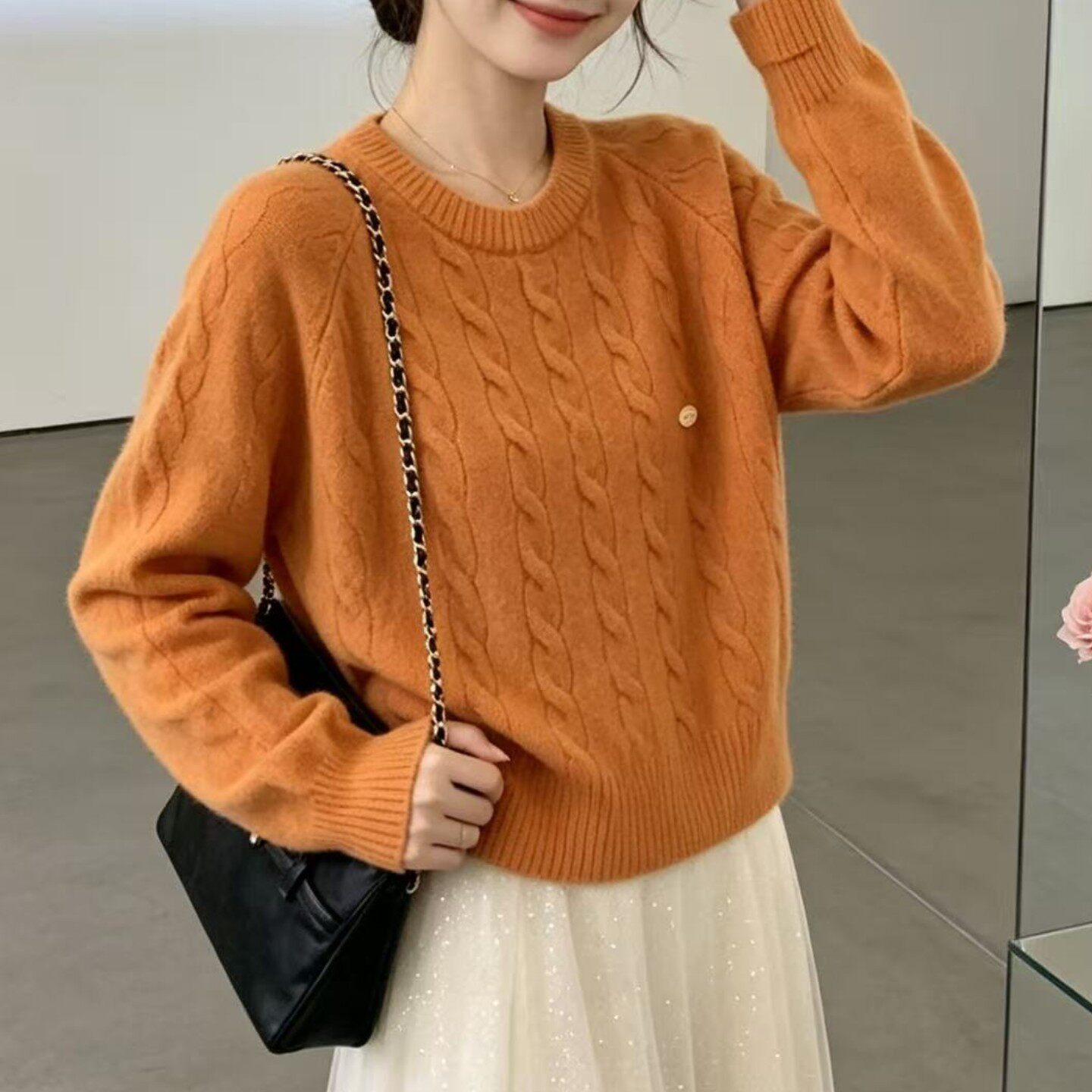 气质麻花毛衣打底衫女秋冬2026新款韩版宽松加厚圆领套头内搭上衣
