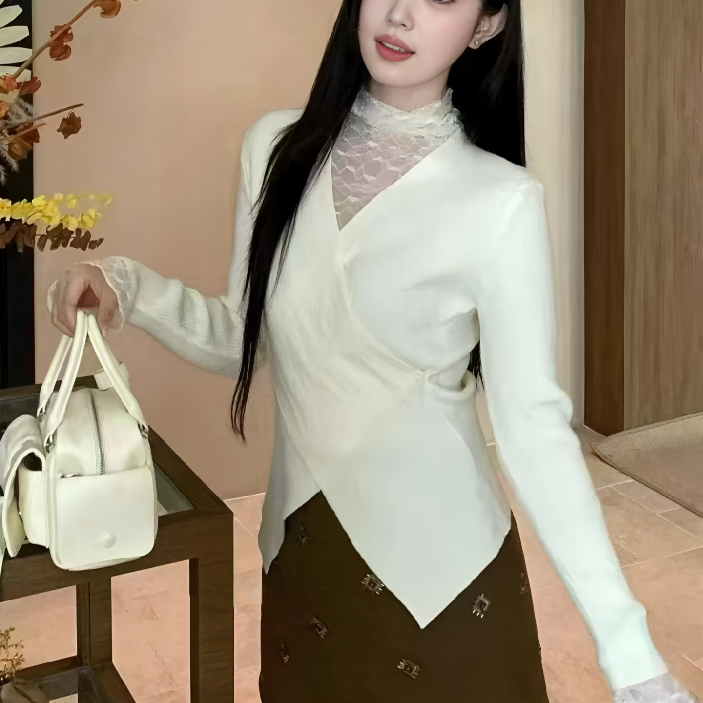 设计感蕾丝拼接针织衫秋冬新款