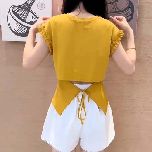 后绑带露腰短袖T恤女夏