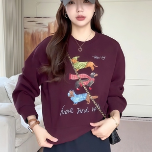 加绒加厚印花卫衣女秋冬装 圆领宽松套头可爱小狗休闲上衣 2025新款