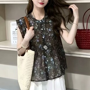 法式碎花木耳边衬衫女夏季2026新款韩版宽松薄款气质减龄雪纺上衣