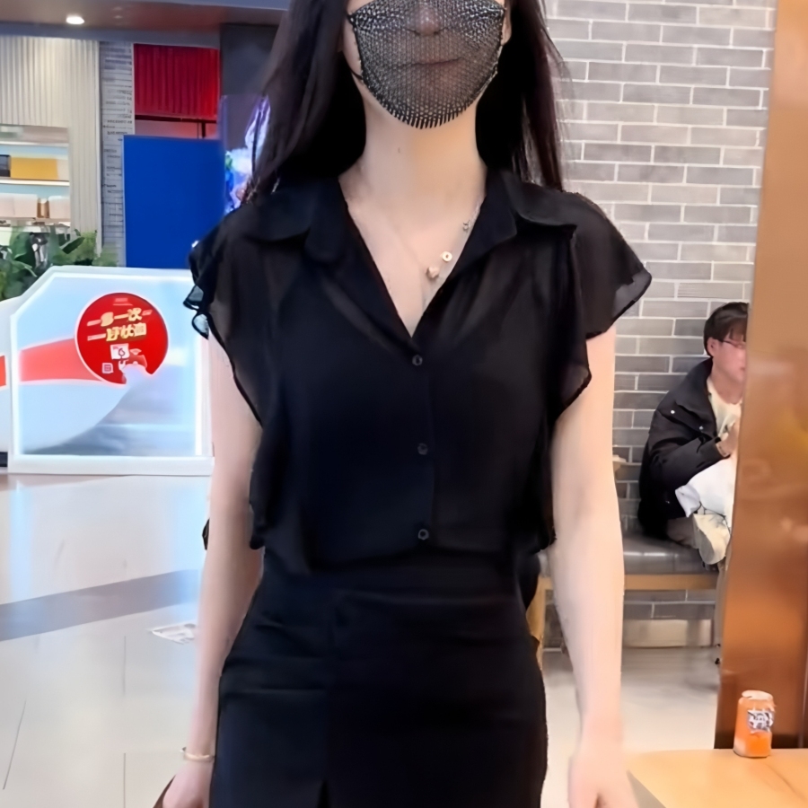黑色微透雪纺衬衫女2025夏季新款宽松显瘦木耳边气质减龄洋气上衣