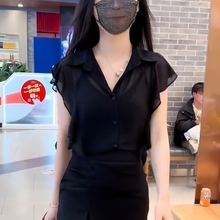 黑色微透雪纺衬衫女2025夏季新款宽松显瘦木耳边气质减龄洋气上衣