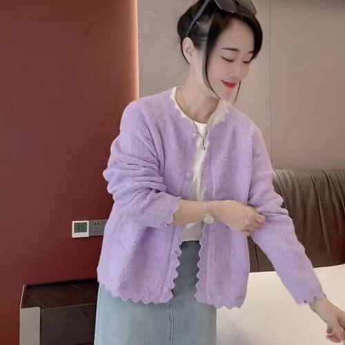 圆领花边针织开衫女春新款