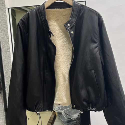 加绒加厚圆领PU小皮衣外套女冬季