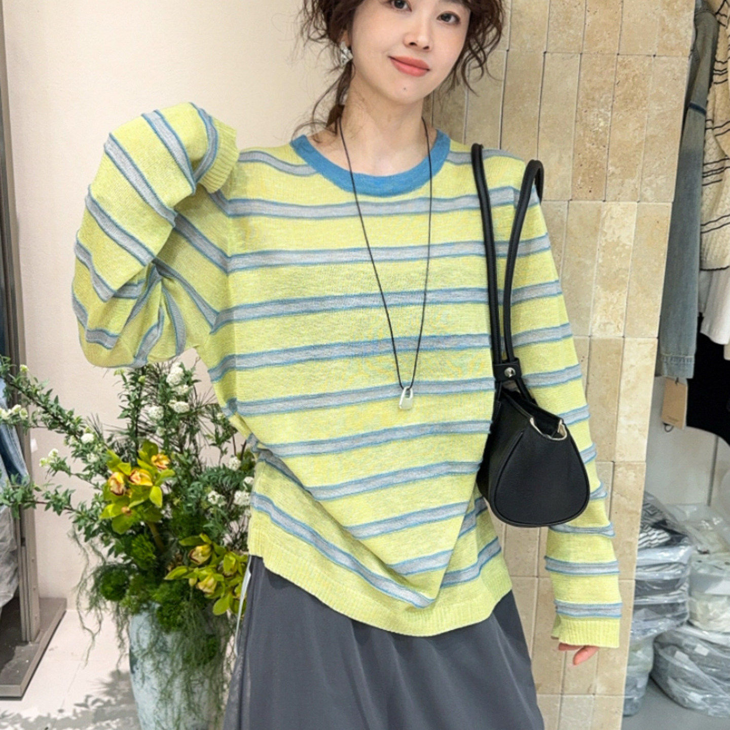 撞色条纹冰丝针织衫女春夏2026新款韩系宽松薄款防晒圆领长袖罩衫