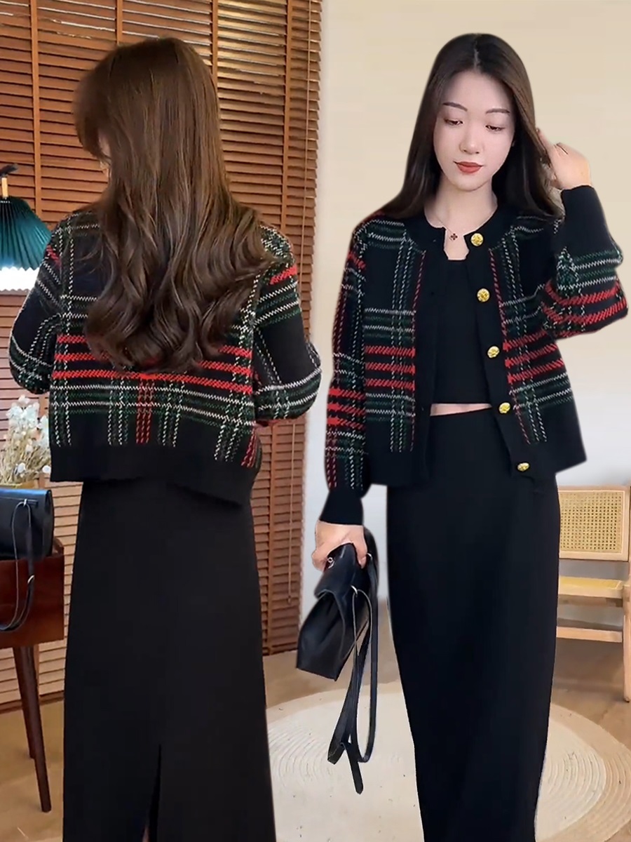 时尚格纹毛衣外套女秋冬新款