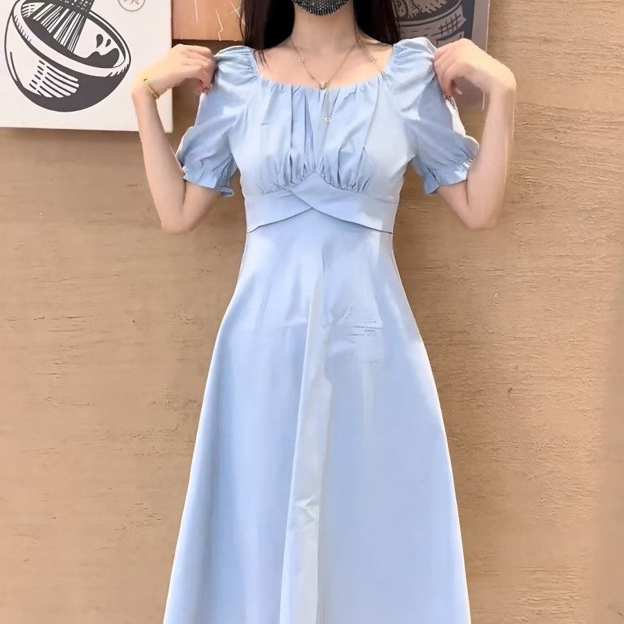 法式甜美泡泡袖连衣裙女夏季2025新款小个子气质减龄打褶收腰裙子