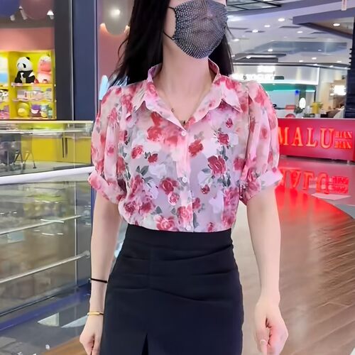 时尚碎花雪纺衬衫女夏季