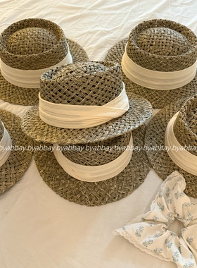手编天然咸草草帽女夏季法式复古平顶礼帽出游百搭遮阳防晒帽子潮