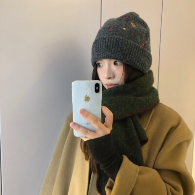 韩版可爱小熊刺绣针织毛线帽子女秋冬显脸小加厚针织帽护耳包头帽